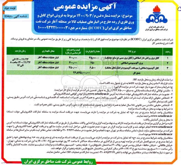 مزایده فروش انواع کابل و ورق فلزی از رده خارج- نوبت دوم 