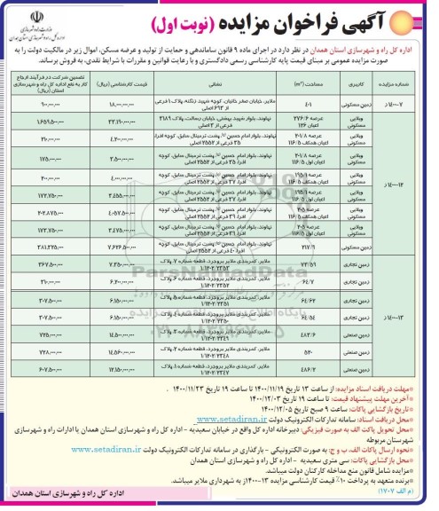 فراخوان مزایده فروش (زمین مسکونی - ویلایی مسکونی - زمین تجاری - زمین صنعتی)