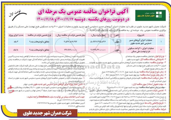 مناقصه، مناقصه عملیات اجرای آبروهای مسیر دسترسی شهر جدید علوی...