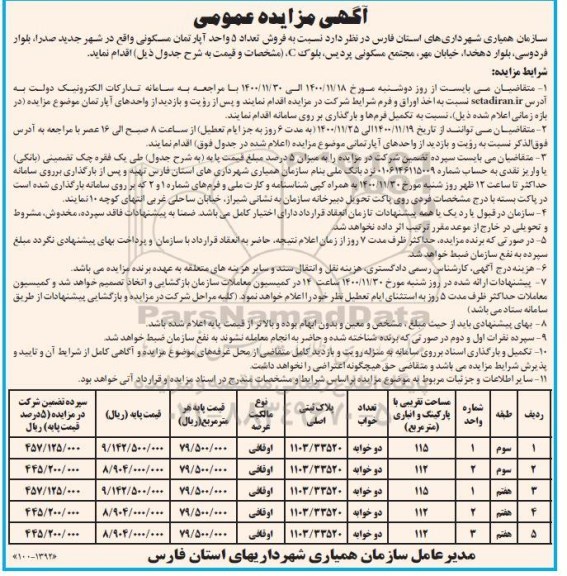 مزایده،مزایده فروش تعداد 5 واحد اپارتمان مسکونی