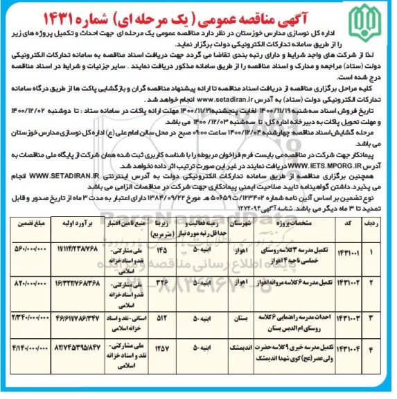 مناقصه تکمیل مدرسه و ...