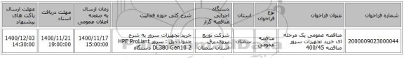 مناقصه عمومی یک مرحله ای خرید تجهیزات سرور مناقصه 400/45