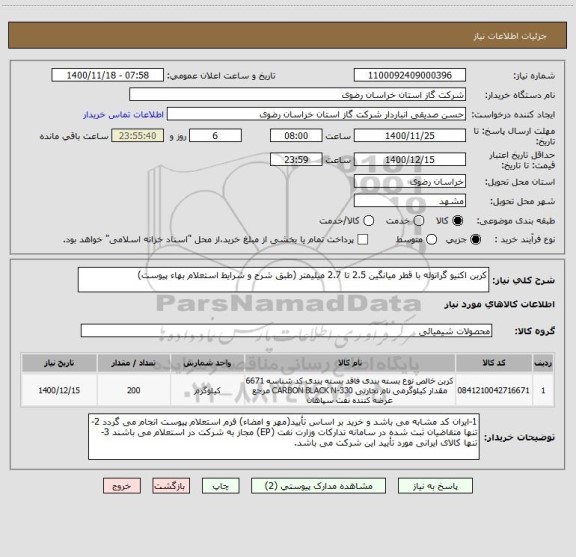 استعلام کربن اکتیو گرانوله با قطر میانگین 2.5 تا 2.7 میلیمتر (طبق شرح و شرایط استعلام بهاء پیوست)