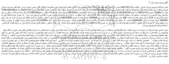 مزایده فروش 1- میزان عرصه پلاک ثبتی به شماره 0 فرعی از 2259 اصلی و...