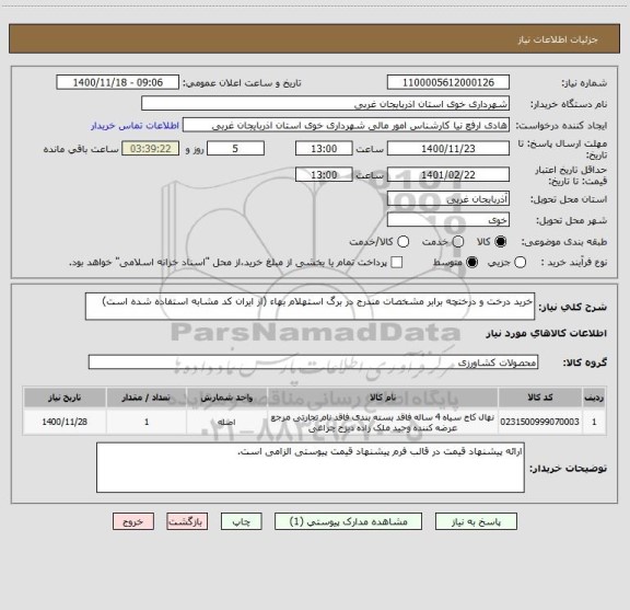 استعلام خرید درخت و درختچه برابر مشخصات مندرج در برگ استهلام بهاء (از ایران کد مشابه استفاده شده است)