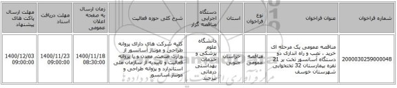 مناقصه عمومی یک مرحله ای خرید ، نصب و راه اندازی دو دستگاه آسانسور تخت بر 21 نفره  بیمارستان 32 تختخوابی شهرستان خوسف 