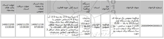مناقصه عمومی یک مرحله ای بکارگیری پنج دستگاه لودر (مدل2010 به بالا - ZL50 -L120  ) بصورت ساعتی - دو دستگاه برای شیفت شب و سه دستگاه برای شیفت روز جهت 