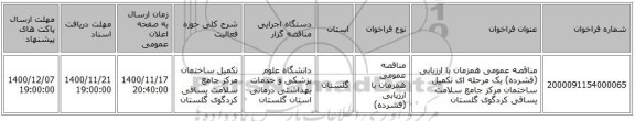 مناقصه عمومی همزمان با ارزیابی (فشرده) یک مرحله ای تکمیل ساختمان مرکز جامع سلامت یساقی کردگوی گلستان