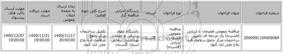 مناقصه عمومی همزمان با ارزیابی (فشرده) یک مرحله ای تکمیل ساختمان مرکز جامع سلامت قره بلاغ علی اباد کتول