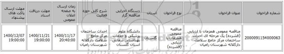 مناقصه عمومی همزمان با ارزیابی (فشرده) یک مرحله ای احداث ساختمان مرکز جامع سلامت دارکلاته شهرستان رامیان