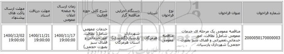 مناقصه عمومی یک مرحله ای  خدمات عمومی شامل( نظافت، امور خدماتی،تعمیراتی و فضای سبز بصورت حجمی) شهرداری پارسیان.