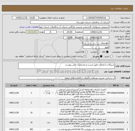 استعلام شیرآلات و اتصالات طبق لیست و مشخصات فنی پیوست