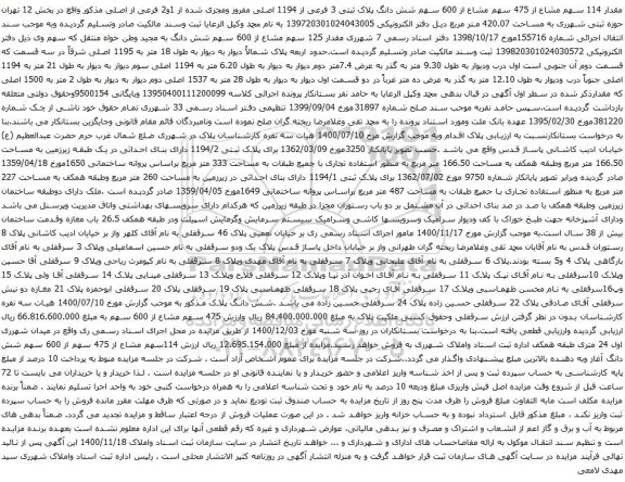 آگهی مزایده قدار 114 سهم مشاع از 475 سهم مشاع از 600 سهم شش دانگ پلاک ثبتی 3 فرعی از 1194 اصلی