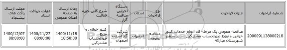 مناقصه عمومی یک مرحله ای انجام خدمات کنتور خوانی و توزیع صورتحساب مشترکین ....در سطح شهرستان مبارکه 