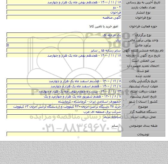 خرید ۳۷ دستگاه ترانس جریان ۲۳۰ کیلوولت و ۶ دستگاه ترانس جریان ۶۳ کیلوولت