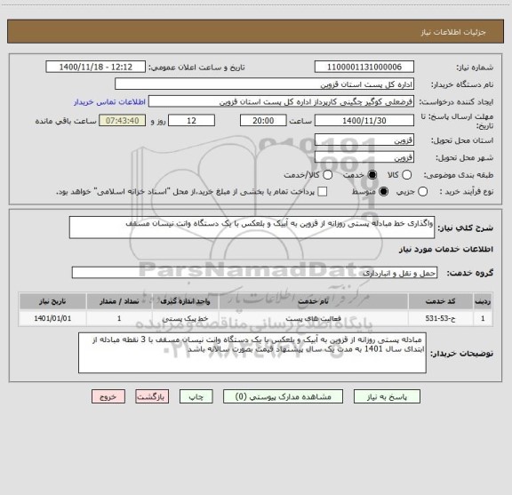 استعلام واگذاری خط مبادله پستی روزانه از قزوین به آبیک و بلعکس با یک دستگاه وانت نیسان مسقف