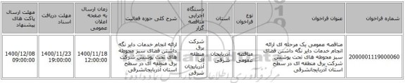 مناقصه عمومی یک مرحله ای ارائه انجام خدمات دایر نگه داشتن فضای سبز محوطه های تحت پوشش شرکت برق منطقه ای در سطح استان آذربایجانشرقی
