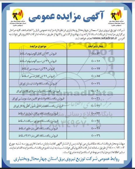 مزایده، مزایده فروش 13 تن کابل آلومینیوم اسقاط...