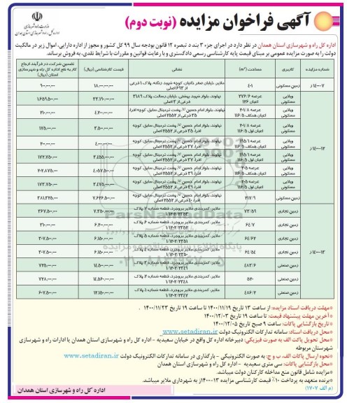 مزایده،مزایده فروش املاک کاربری زمین مسکونی و تجاری نوبت دوم 