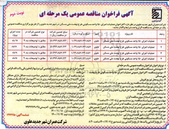 مناقصه، مناقصه 4 مورد فراخوان عملیات اجرای 150 واحد مسکونی طرح نهضت ملی مسکن - نوبت دوم 