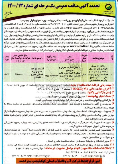 مناقصه پروژه برون سپاری نگهداری و بهره برداری و حفاظت از تاسیسات و خدمات مشترکین تجدید