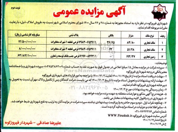 مزایده فروش املاک تجاری