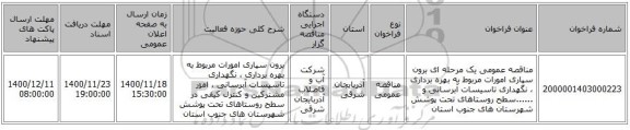 مناقصه عمومی یک مرحله ای برون سپاری امورات مربوط به بهره برداری ، نگهداری تاسیسات آبرسانی و ......سطح روستاهای تحت پوشش شهرستان های جنوب استان