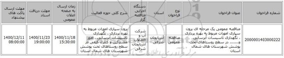 مناقصه عمومی یک مرحله ای برون سپاری امورات مربوط به بهره برداری ، نگهداری تاسیسات آبرسانی و....... در سطح روستاهای تحت پوشش شهرستان های شمال استان