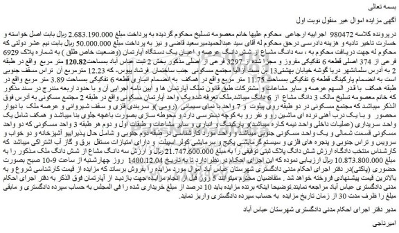 مزایده فروش سه دانگ مشاع از شش دانگ عرصه و اعیان یک دستگاه آپارتمان (وضعیت خاص طلق ) به شماره پلاک 6929 فرعی از 374 اصلی قطعه 6 تفکیکی مفروز و مجزا شده از 3297 فرعی از اصلی  
