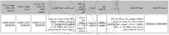 مناقصه عمومی یک مرحله ای ارائه انجام خدمات تشریفات و پذیرایی تنظیفات خدمات عمومی تحت پوشش شرکت برق منطقه ای در سطح استان آذربایجانشرقی