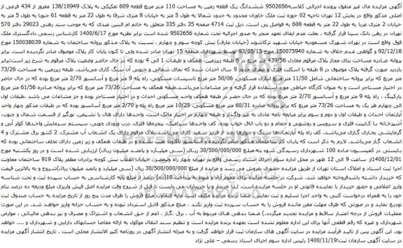 آگهی مزایده ششدانگ یک قطعه زمین به مساحت 110 متر مربع قطعه 609 تفکیکی به پلاک 138/10949 مفروز 