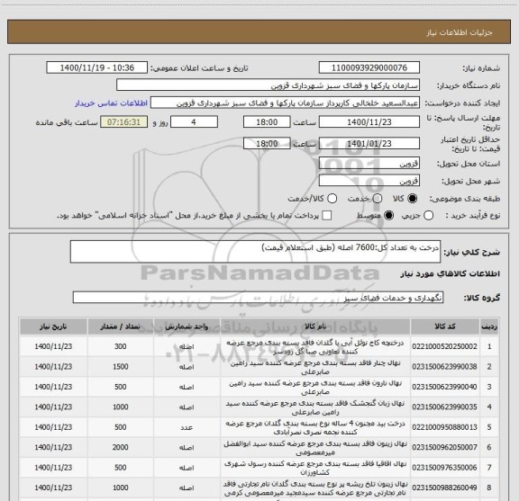 استعلام درخت به تعداد کل:7600 اصله (طبق استعلام قیمت)