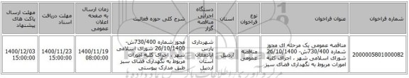 مناقصه عمومی یک مرحله ای مجوز شماره 730/400ش- 26/10/1400 شورای اسلامی شهر ، اجرای کلیه امورات مربوط به نگهداری فضای سبز 