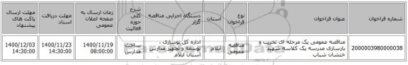 مناقصه عمومی یک مرحله ای تخریب و بازسازی مدرسه یک کلاسه شهید خنشان شباب