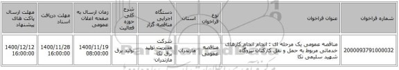 مناقصه عمومی یک مرحله ای : انجام انجام کارهای خدماتی مربوط به حمل و نقل کارکنان نیروگاه شهید سلیمی نکا 