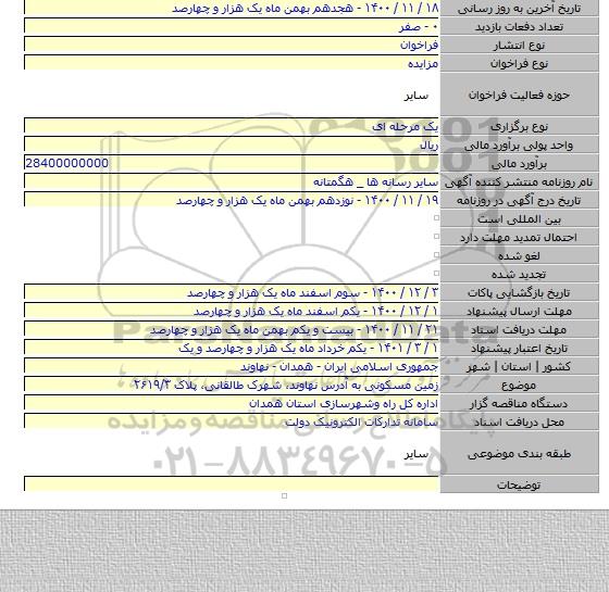 زمین مسکونی به آدرس نهاوند، شهرک طالقانی، پلاک ۲۶۱۹/۳