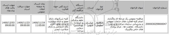 مناقصه عمومی یک مرحله ای واگذاری انجام کلیه فعالیت های خدمات عمومی و پشتیبانی سازمان مرکزی و پردیس دانشگاه ، معاونت ها ،  مرکز بیماری های خاص وکلینیک 