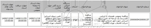 مناقصه عمومی همزمان با ارزیابی (فشرده) یک مرحله ای تامین نیروی انسانی جهت امور خدماتی مورد نیاز شرکت فاضلاب تهران (68نفر)