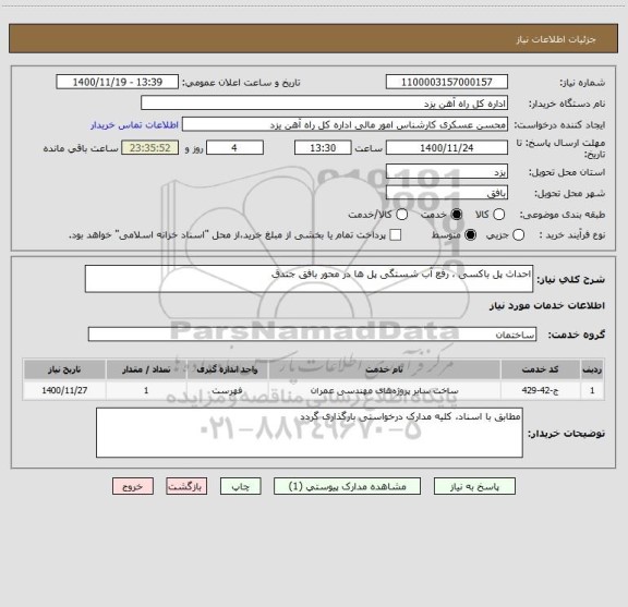 استعلام احداث پل باکسی ، رفع آب شستگی پل ها در محور بافق جندق