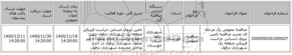 مناقصه عمومی یک مرحله ای تجدید مناقصه تامین نیروی انسانی حراست فیزیکی منطقه یک شهرداری دزفول