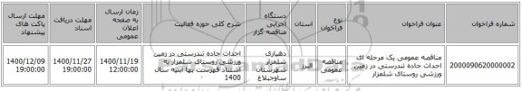 مناقصه عمومی یک مرحله ای احداث جاده تندرستی در زمین ورزشی روستای شلمزار