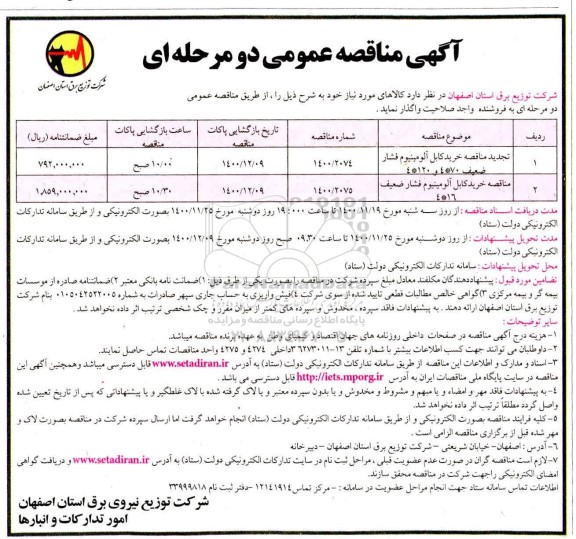 مناقصه خرید کابل آلومینیوم فشار ضعیف