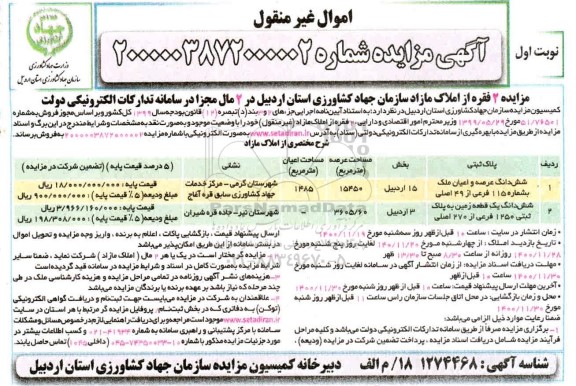 آگهی مزایده،مزایده فروش 2 فقره از املاک مازاد نوبت اول