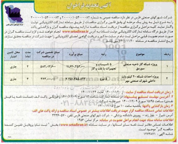 فراخوان پروژه شبکه گاز ناحیه صنعتی 
