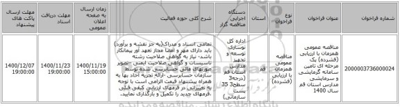 مناقصه عمومی همزمان با ارزیابی (فشرده) یک مرحله ای تامین سامانه گرمایشی و سرمایشی مدارس استان قم سال 1400