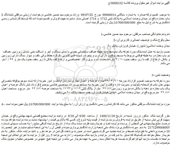 مزایده فروش سرقفلی ششدانگ 2 باب مغازه
