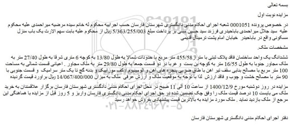 مزایده فروش ششدانگ یک واحد ساختمان فاقد پلاک ثبتی با متراژ455/58 متر مربع 