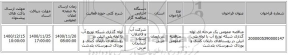 مناقصه عمومی یک مرحله ای لوله گذاری شبکه توزیع آب با لوله پلی اتیلن در روستاهای دایلان کندی و پورناک شهرستان پلدشت