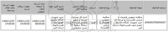 مناقصه عمومی همزمان با ارزیابی (فشرده) دو مرحله ای خرید تجهیزات کارگاه مکانیک خودرو جهت هنرستانهای استان البرز