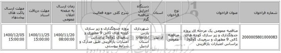 مناقصه عمومی یک مرحله ای پروژه جدولگذاری و زیر سازی کوچه های 1الی 9 مطهری و سعیدی 1و2و3 براساس اعتبارات بازآفرینی